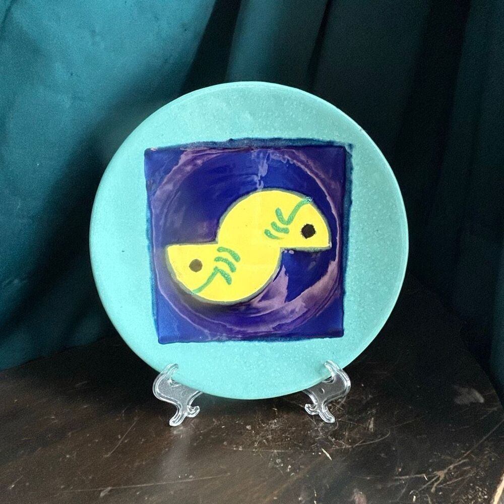 Studio Pottery Plate Stylized Yin Yang Fish